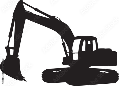 Silhouette of an excavator machine with long arm and bucket on transparent background