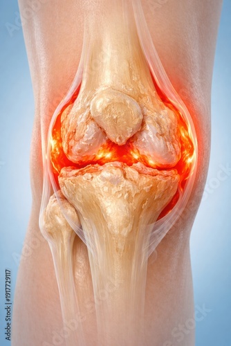 Knee Osteoarthritis Illustration Showing Joint Degeneration and Inflammation.