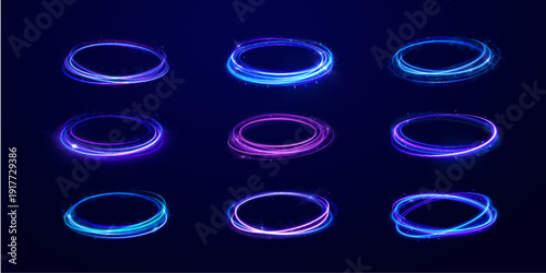 Elegant blue swirl spins with glowing particle trails. Circular neon energy radiates outward. Perfect abstract effect for sci-fi or digital art.