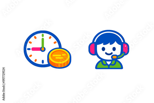 This illustration features two colorful icons on a black background. One shows a clock with a coin, and the other depicts a person wearing a headset for customer service support.