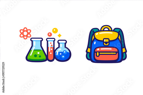 A colorful illustration featuring laboratory glassware with bubbling liquids and an atom symbol next to a vibrant school backpack, all set against a solid black background.