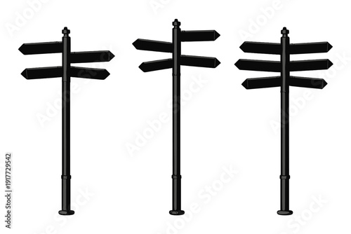 Three black directional signposts with multiple arrows pointing in different ways are shown against a dark background. The minimalist design features sleek poles and pointed signs.