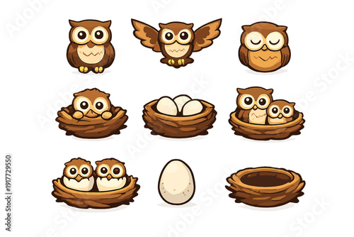 A collection of cartoon owl illustrations featuring various poses and life stages, including owls in nests, eggs, and owlets, all set against a dark background in a warm brown color palette.