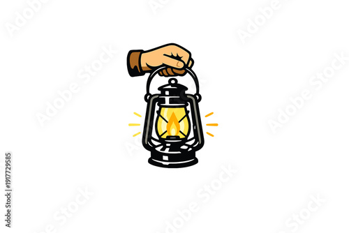 A hand holds a lit vintage lantern against a solid black background. The lantern emits a warm yellow glow from its flame, casting light rays outward in a simple illustration style.