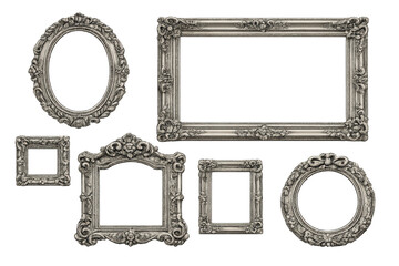 Collection of ornate silver frames with rococo and baroque style motifs, showcasing antique vintage borders on transparent background