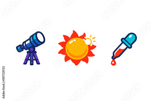 Three colorful stickers featuring a blue telescope on a tripod, a bright yellow sun with red rays, and a blue eyedropper with a red liquid drop against a black background.