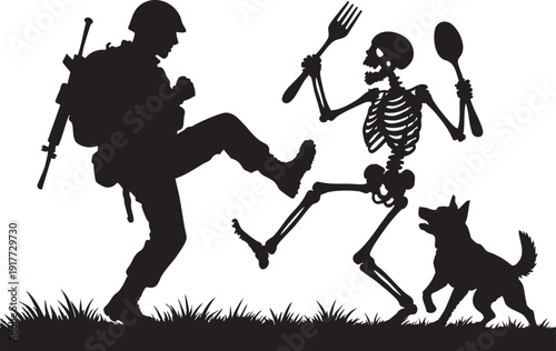 Soldier and skeleton fighting with dog on grassy field