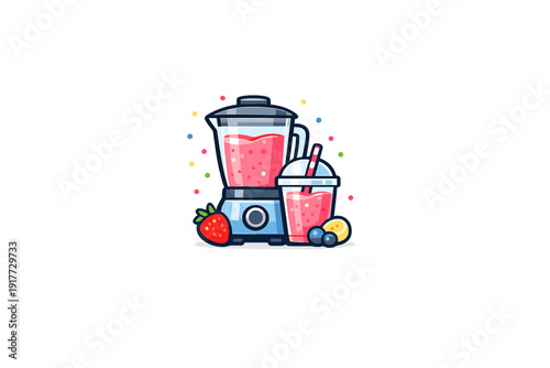 A colorful cartoon illustration of a blender filled with a pink strawberry smoothie next to a plastic cup with a straw, surrounded by fresh berries on a black background.