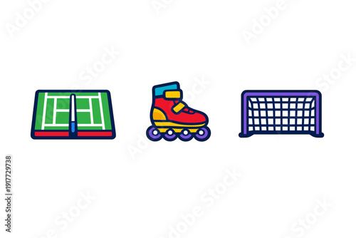 A collection of three colorful sports icons featuring a green tennis court, a red inline skate with purple wheels, and a purple goal post set against a solid black background.