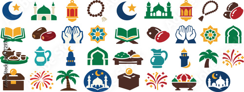 Ramadan Kareem Icon Set Islamic Holy Month Celebration Symbol Collection
