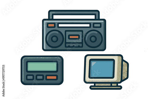 A set of three modern flat icons representing retro technology, including a boombox, a pager, and a CRT computer monitor, all set against a dark background with a textured finish.