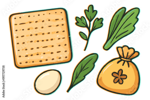 A cozy illustration featuring traditional Passover symbols including a square piece of matzah, a hard-boiled egg, fresh green herbs, and a small yellow bag on a black background.