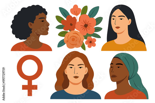 A flat illustration featuring four diverse women with different skin tones and hair styles, accompanied by a bouquet of orange flowers and a large red female symbol on a black background.