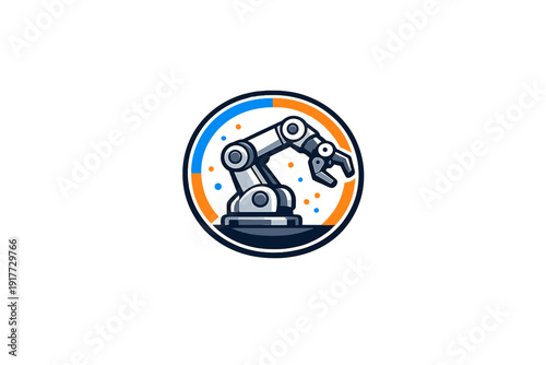 This vector graphic features a grey industrial robotic arm enclosed in a circular border. The design uses blue and orange highlights on a dark background with small circular dots.