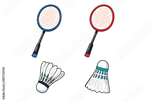 Illustration of two badminton rackets in blue and red colors alongside two different shuttlecocks, one feathered and one plastic, isolated on a black background.
