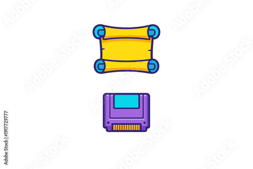A cartoon illustration featuring a yellow scroll with blue handles and a purple video game cartridge with a blue label, both set against a solid black background.