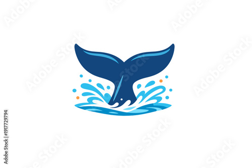A stylized blue whale tail fluke diving into the ocean water, creating dynamic splashes and ripples against a solid black background. The illustration uses shades of blue, cyan, and orange.