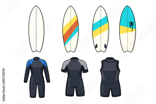 A collection of four colorful surfboards with various patterns and three different styles of black wetsuits, including full-length and short-sleeved versions, on a black background.