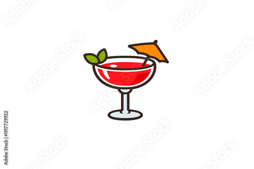 A flat vector illustration of a red cocktail in a coupe glass, garnished with green mint leaves and an orange umbrella, isolated on a solid black background.