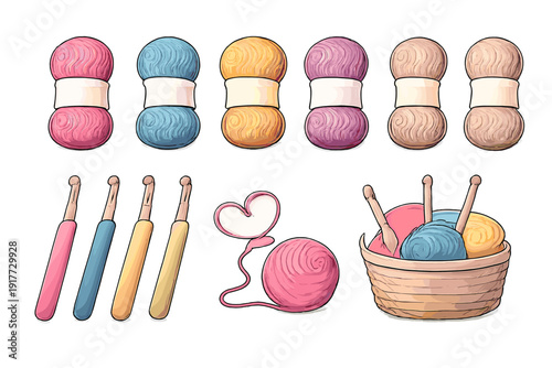 This illustration displays various crochet supplies including colorful yarn skeins, ergonomic hooks, and a woven basket. The set features soft pastel colors against a dark background.