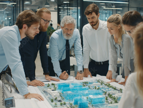 group of people gathered around an office table reviewing architectural plans and city models