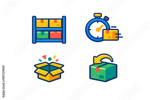 A set of four colorful vector icons representing logistics and shipping services, including warehouse storage, fast delivery, unboxing, and product returns on a black background.