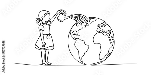 A little girl watering the earth with a watering can in a continuous line drawing style. Vector, illustration