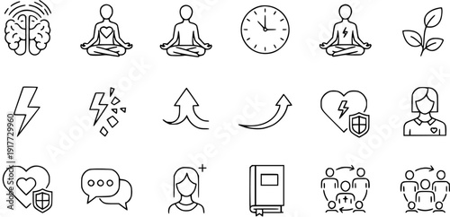 Brain, Meditation, Clock, Growth, Health, Book, People icons