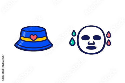 A blue bucket hat with a yellow band and a pink heart is shown next to a dark blue facial sheet mask surrounded by green and pink droplets on a black background.