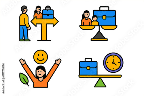 Four colorful flat icons illustrating work-life balance concepts including choosing between family and career, balancing time with work, and achieving personal happiness and well-being.