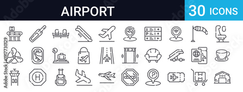 30 thin line airport and travel icons including flight, luggage, passport, departure, security gate, duty free, parking, wifi, and more. Perfect for travel apps and websites.