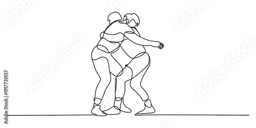 Continuous line drawing of two sumo wrestlers engaged in a traditional wrestling match grappling.