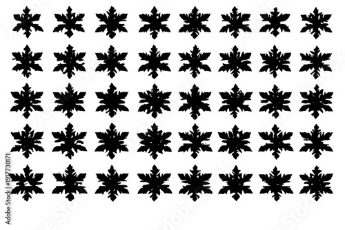 A grid of forty black snowflake silhouettes arranged in five rows and eight columns on a plain white background. This minimalist pattern features repetitive winter symbols for design.