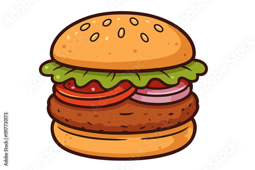 A digital illustration of a delicious hamburger featuring a sesame seed bun, fresh lettuce, tomato slices, red onion, and a thick patty, isolated against a solid black background.