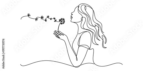 Continuous line drawing of a young woman blowing seeds from a dandelion flower into the wind