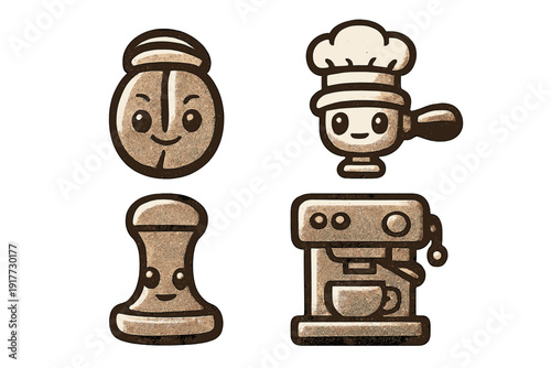 A collection of four cute coffee-themed mascot icons featuring a smiling coffee bean, a portafilter with a chef hat, a coffee tamper, and an espresso machine on a black background.