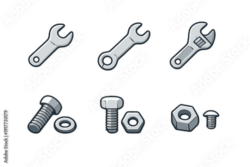 A collection of six cartoon illustrations featuring various metal tools and hardware including wrenches, bolts, nuts, a screw, and a washer on a dark background.