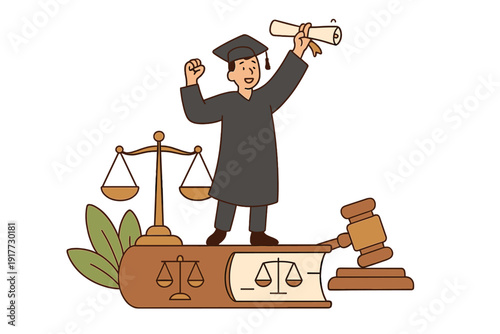 A happy graduate in a cap and gown stands on a large law book holding a diploma. The illustration includes a gavel and scales of justice, representing a law school graduation ceremony.