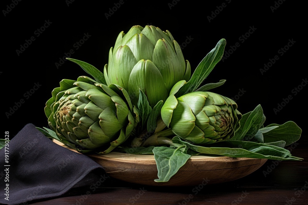 Obraz premium Three fresh artichokes arranged on a wooden plate, creating a still life against a dark backdrop