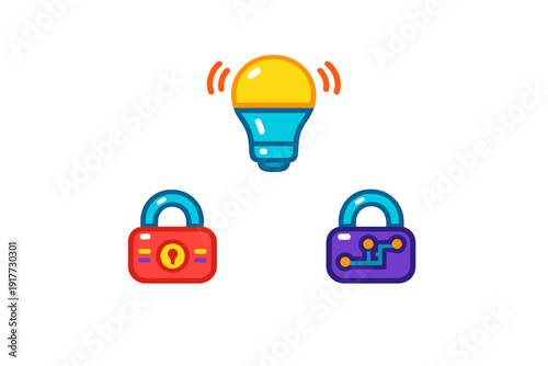 A glowing yellow light bulb sits above two padlocks, one red with a keyhole and one purple with a circuit board pattern, all presented as flat icons on a solid black background.