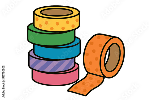 A colorful illustration featuring a stack of five decorative tape rolls and one unrolled orange tape roll with polka dots, all set against a solid black background.