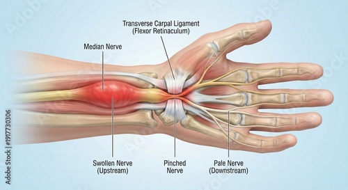 Anatomical illustration of carpal tunnel syndrome showing median nerve compression.