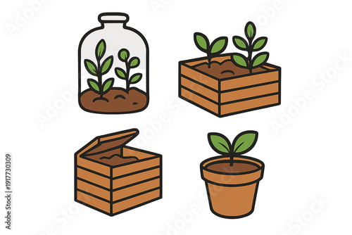 A collection of four gardening illustrations featuring a glass terrarium jar, a wooden raised garden bed, a compost bin, and a single plant in a terracotta pot on a black background.