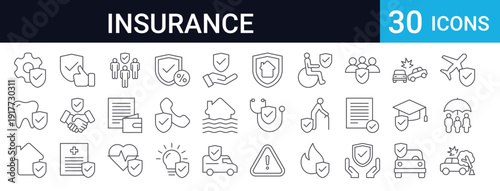 Insurance Icons Set of 30 Thin Line Vector