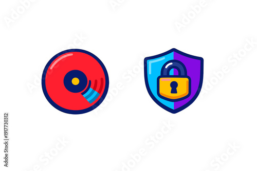 A colorful illustration featuring a red vinyl record icon next to a blue and purple shield icon with a yellow padlock representing data security and media protection on a black background.