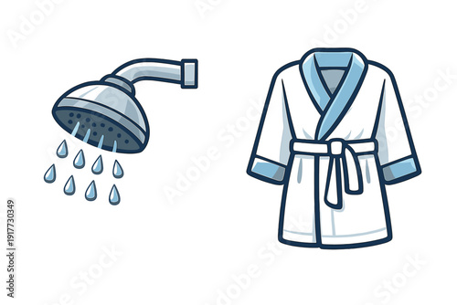 A cartoon illustration featuring a silver shower head with falling water droplets next to a white bathrobe with light blue trim, set against a solid black background.