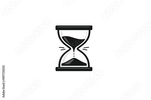 This graphic illustration features a stylized hourglass with sand trickling down, symbolizing the passage of time. The design is rendered in black and white on a dark backdrop.