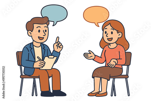A cartoon illustration of a man and a woman sitting on chairs and having a conversation. The man holds a clipboard and pen while the woman gestures as they both have speech bubbles.