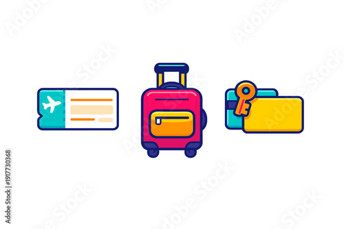 A set of three colorful travel icons featuring a flight ticket with an airplane, a pink rolling suitcase, and a hotel key card with a key, all set against a black background.