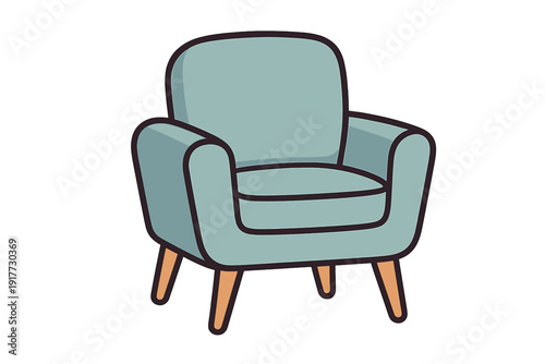 A minimalist cartoon illustration of a light blue armchair with four wooden legs, isolated on a solid black background. The furniture features a simple, modern design with bold outlines.